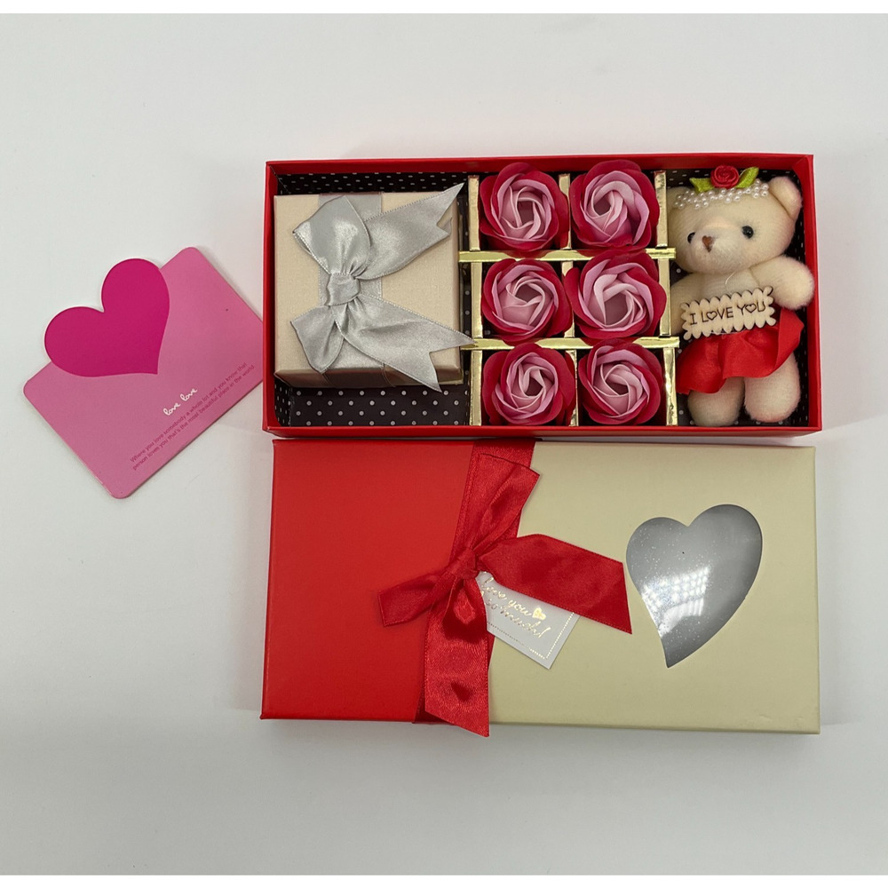 Birthday Heart Necklace Gift Box Faux Roses Teddy Bear Romantic Set Mothers Day